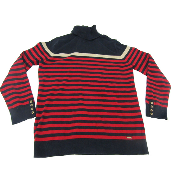 Tommy Hilfiger Navy Blue Striped Turtleneck Knit Sweater Women's XL Coastal - Picture 1 of 7